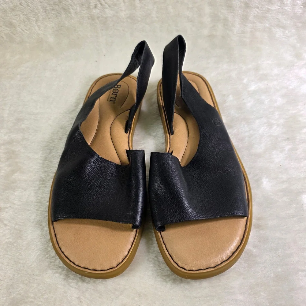 Born Iwa Slingback Flat Sandals Black Leather Womens 10 NEW